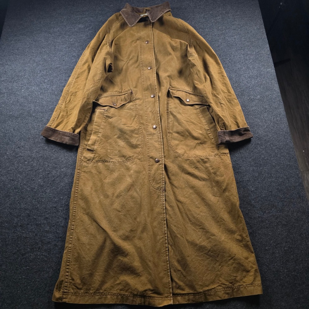 LL Bean Canvas Field Coat Brown Corduroy Trim Barn Jacket Long Duster Women's S